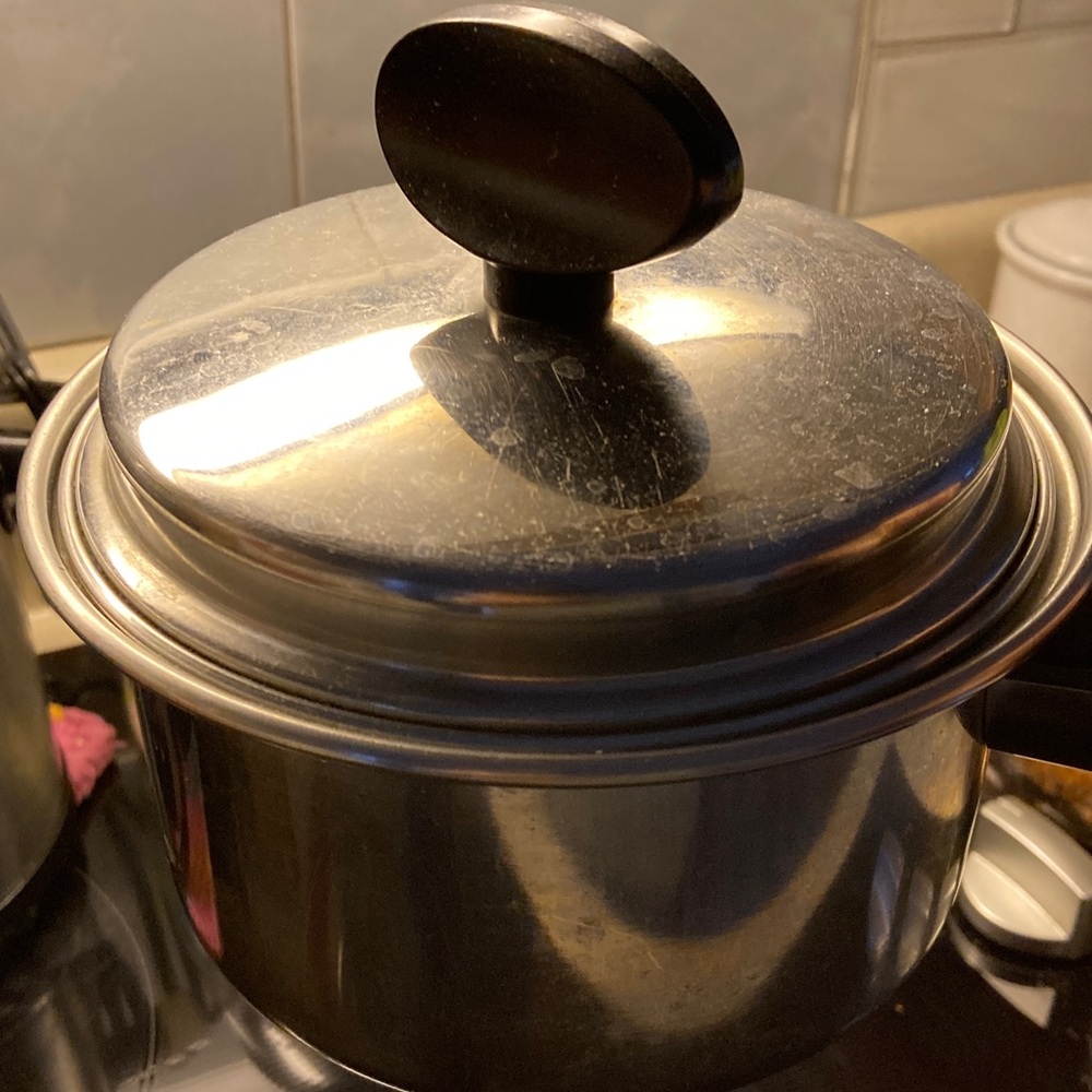 Stainless steel 1 QT cooking pot.